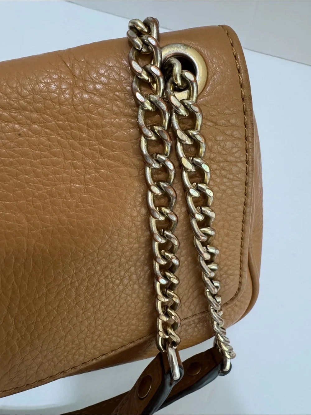 Michael Kors Fulton 38S3XFTF1L Tan Pebbled Leather Small Flap Chain Shoulder Bag